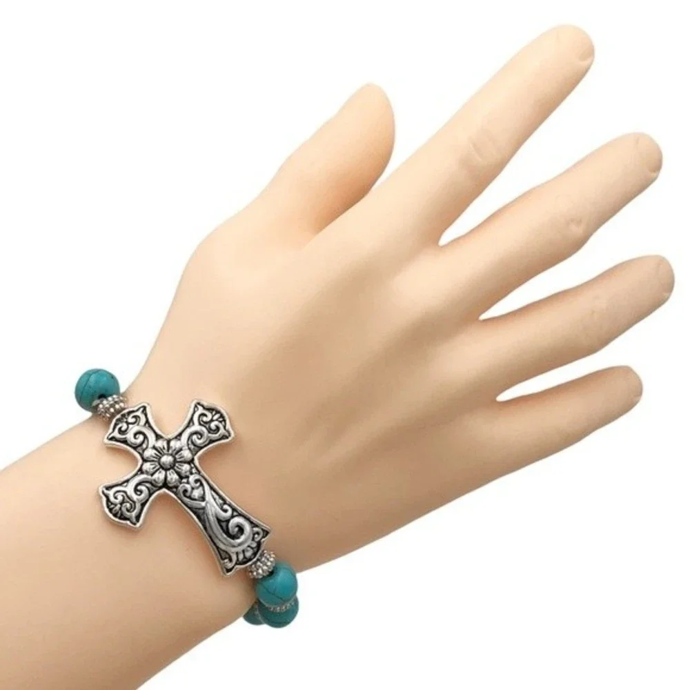 🌼 Turquoise Sideways Cross Beaded Silver Stretch Bracelet